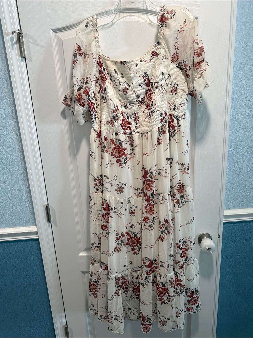 NY Collection Cream Maxi Dress with Red Floral Print